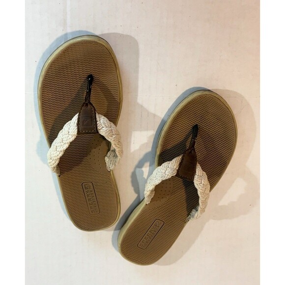 Sperry Braided Topsider Thong Tan Leather Flip Flops Women Size 7 - Picture 1 of 9